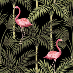 Tropische vintage roze flamingo en palmbomen naadloze bloemmotief zwarte achtergrond. Exotisch junglebehang.
