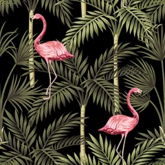 Küchenrückwand glas motiv Musterwelt Tropischer Vintage rosa Flamingo und Palmen nahtlose Blumenmuster schwarzen Hintergrund. Exotische Dschungeltapete.