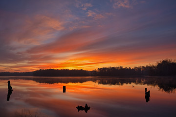 November landscape at dawn of the shoreline of Jackson Hole Lake with reflections in calm water, Fort Custer State Park, Michigan, USA