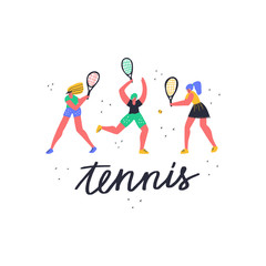 Girls play tennis together flat vector illustration. Women with racquet hitting ball. Female athletes in sportswear, sportswomen training characters. Racket sport game tournament, physical activity
