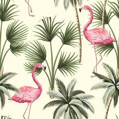 Tropical vintage pink flamingo and palm trees floral seamless pattern yellow background. Exotic jungle wallpaper. © good_mood