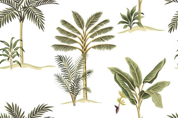 Tropical vintage palm trees, banana tree, plants floral seamless pattern white background. Exotic botanical jungle wallpaper.