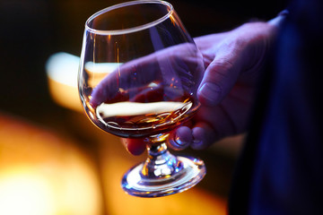 man aristocratically holds a glass of whiskey