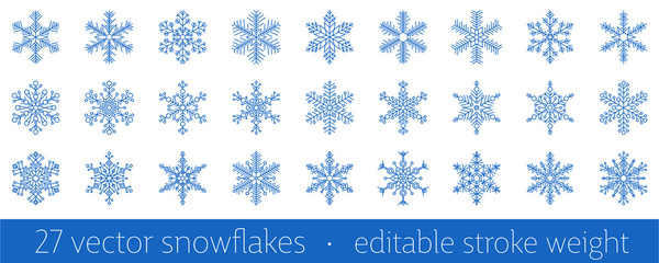 Set of 27 blue snowflake icon - a symbol of winter holidays, xmas and new year, cold weather and frost - isolated on white background. Elegant vector design element with editable stroke weight.