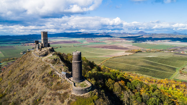 Castle Hazmburk. Ruines of Hazmburk castle on top of mountain peak of Ceske Stredohori range.  Medieval castle with views on czech countryside landscape near village Klapy, Libochovice, Czech Republic