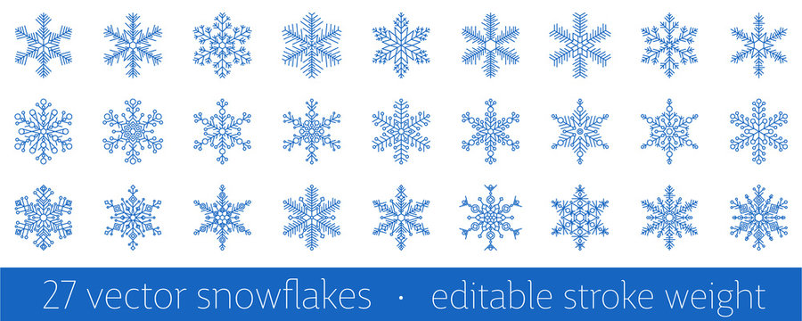 Set of 27 blue snowflake icon - a symbol of winter holidays, xmas and new year, cold weather and frost - isolated on white background. Elegant vector design element with editable stroke weight.