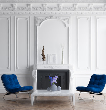 Luxury classic interior with dark blue armchair, concept classic blue color of the year 2020 in interior, 3d render