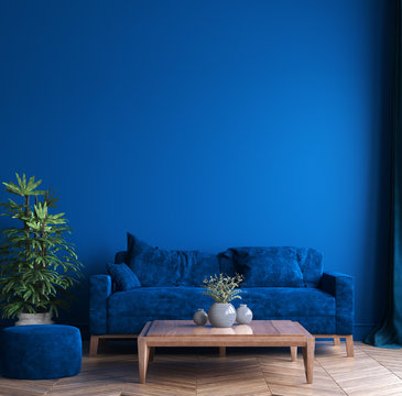 Modern interior of living room, concept of classic blue color of the year 2020 in interior, 3d render
