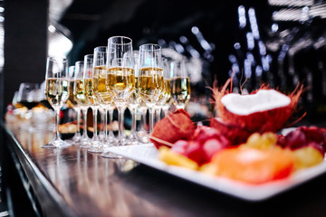 glasses of champagne on an evening party