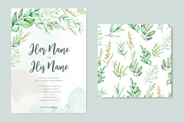 Fototapeta na wymiar wedding invitation design with green watercolor leaves
