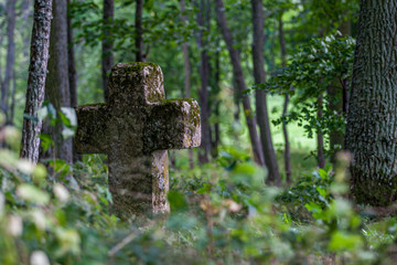 stone cross in old cemetery in forest