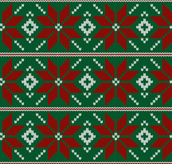 Seamless knit green, red and white pattern. Christmas scandinavian fail isle background