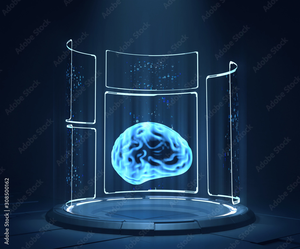 Poster 3d rendering of glow human brain in scientific glass tube with digital binary data. sci fi research 