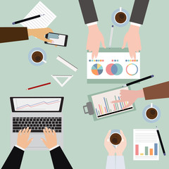 Vector of business people workplace top angle above view sitting at office desk work.