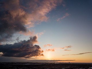 dramatic winter sunrise over city of Riga in Latvia