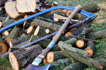 Obraz premium Handsaw and ax the traditional sawing and chopping wood for the village