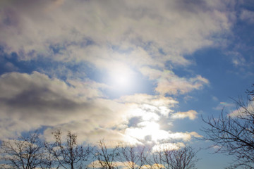 blue sky and clouds on the sky. blue sky background with clouds. Panorama of the blue sky. morning sunrise. copyspace