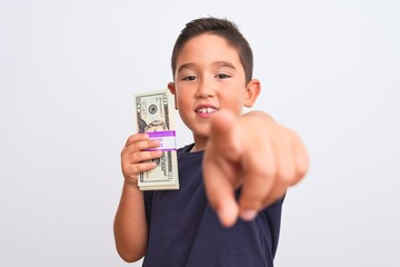 Beautiful kid boy holding dollars standing over isolated white background pointing with finger to the camera and to you, hand sign, positive and confident gesture from the front