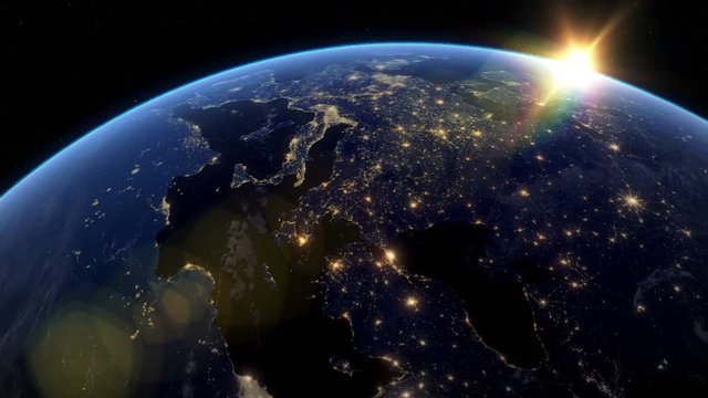 Beautiful Sunset over Europe. City Lights at Night. Planet Earth from Space. View from Space Satellite. 4k 3d Rendering. Images from NASA.