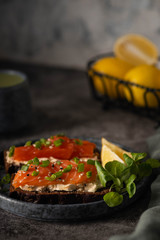 cheese and salmon sandwiches, coffee matcha, breakfast concept