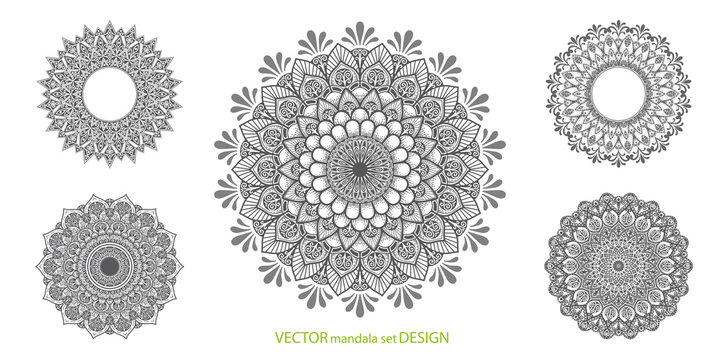 Set of mandala a white background . Collection of stylized vector ornaments.Pattern of flowers in a circle .Decorative patterns for design and decoration .Vector illustration .