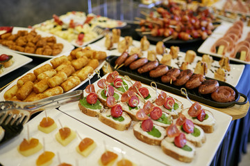 Cheese plate with onions and variety of appetizers on table on event catering. Tirana, Albania 