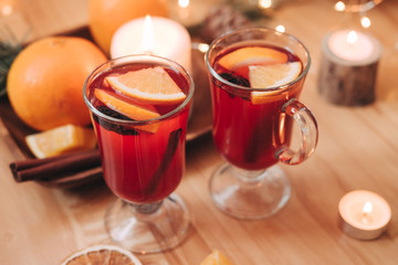 Atmospheric Christmas or New Year background with mulled wine. Close up of mulled wine, soft focus, shallow depth of field