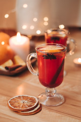 Atmospheric Christmas or New Year background with mulled wine. Close up of mulled wine, soft focus, shallow depth of field