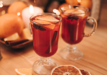 Atmospheric Christmas or New Year background with mulled wine. Close up of mulled wine, soft focus, shallow depth of field