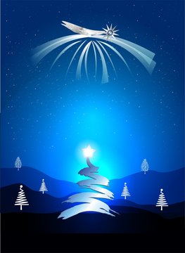 composition with a blue Christmas tree and a Christmas star and rays for Christmas