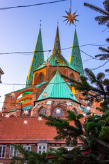 St. Mary's Church with Christmas lights and tree, Lübeck, Germany