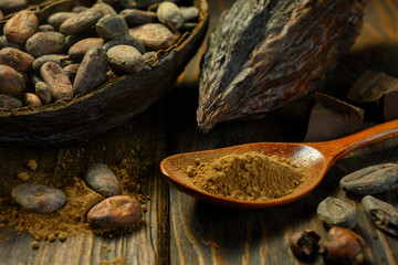 open cocoa fruit lies on wooden table