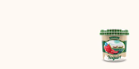 New raspberry Yogurt packaging container design with rural farm label with trees and cows, vector illustration for farm yogurt product branding or advertising design