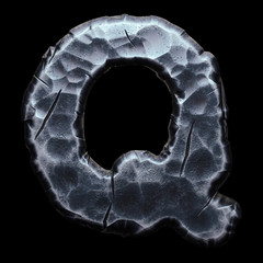 Capital letter Q made of forged metal in the center of circle isolated on black background. 3d