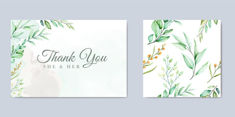 wedding invitation design with green watercolor leaves