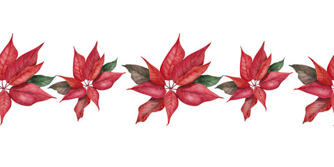 Watercolor border with poinsettia, red balls, sweets and silk ribbons