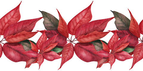 Watercolor border with poinsettia, red balls, sweets and silk ribbons