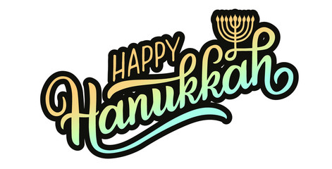 Happy Hanukkah holiday lettering with menorah, isolated on white. Hand drawn vector typographic design with modern calligraphy. Happy Hanukkah logotype, badge and icon typography. EPS 10