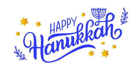 Happy Hanukkah holiday lettering with menorah, isolated on white. Hand drawn vector typographic design with modern calligraphy. Happy Hanukkah logotype, badge and icon typography. EPS 10