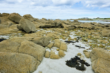 Rocks at the waterside of Brittany with sand and seaweed, houses in the background