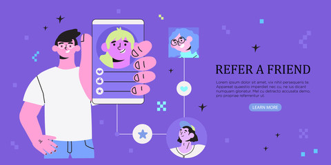 Vector illustration of a guy holding a smartphone in his hand with his friends accounts. Refer a friend, refer and earn or invite a friend banner, flyer, poster or landing page in a trendy style.