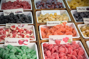 Handmade fruit flavored sweets in the medieval market