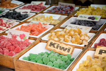 Handmade fruit flavored sweets in the medieval market