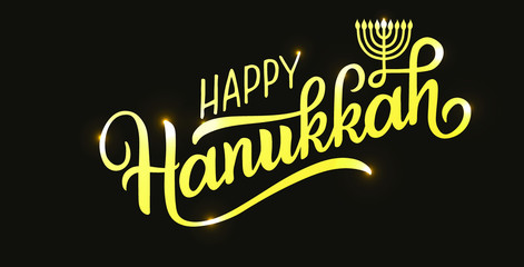 Happy Hanukkah holiday lettering with menorah, isolated. Hand drawn vector typographic design with modern calligraphy. Happy Hanukkah logotype, badge and icon typography. EPS 10
