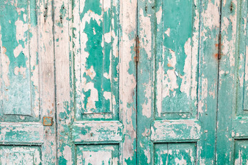 Old wooden door, green, black ground texture
