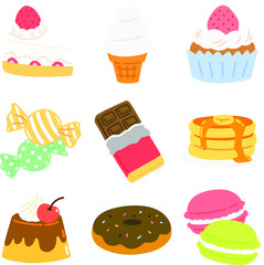Set of flat colored sweets and desserts