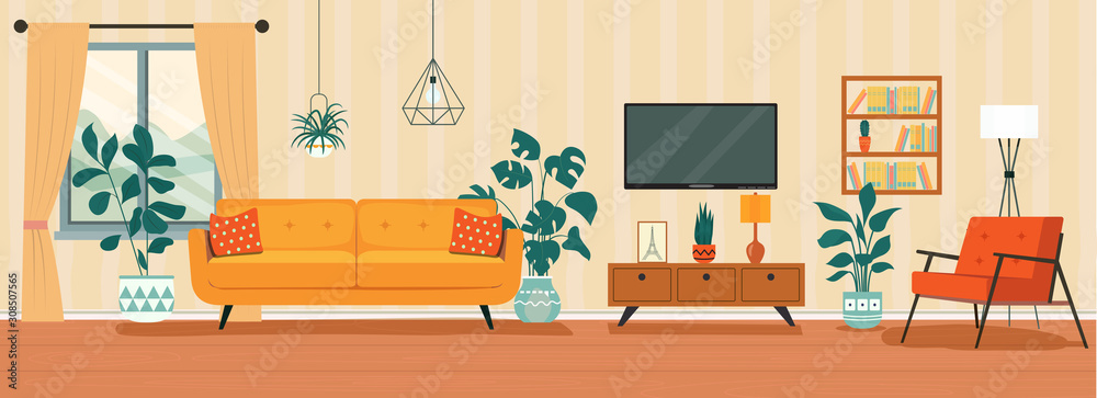 Wall mural living room interior. comfortable sofa, tv, window, chair and house plants. vector flat style illust - Wall murals