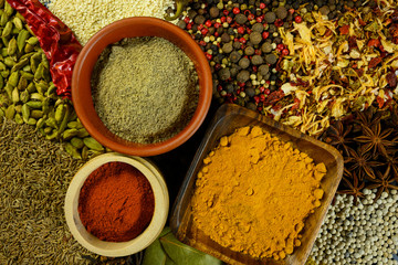 various spices are scattered on the table