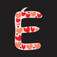 A letter E with red and pink doodle hearts isolated on black background, a vector stock illustration with romantic font letters for Valentine's day, anniversary, love date, wedding