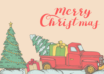 Merry Christmas. Poster with red car and snowy Christmas trees